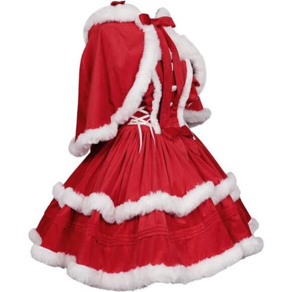 Christmas Dresses for Women - Solid Color Warm Halter Dress with Cloak - Picture 5 of 7